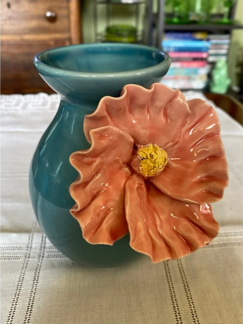 Anthropologie Teal Ceramic Vase with Cream Base